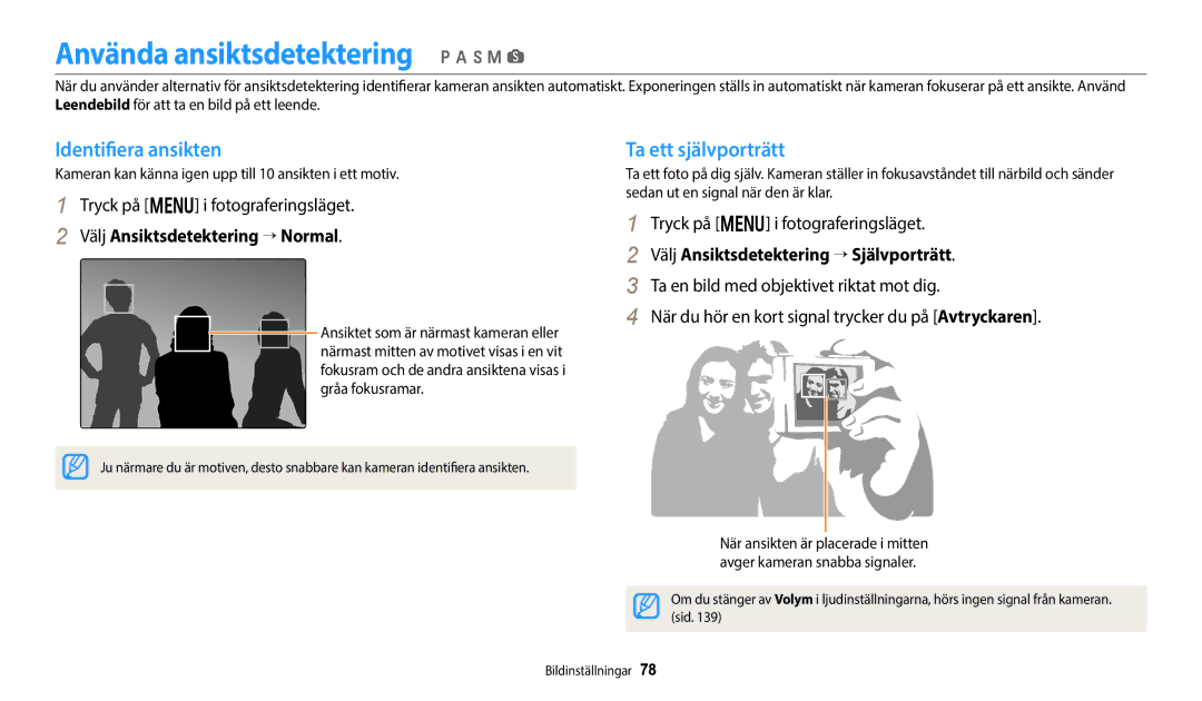 Samsung EC-WB50FZBPRE2, EC-WB350FBPWE2 Använda ansiktsdetektering p a h M s, Identifiera ansikten, Ta ett självporträtt 