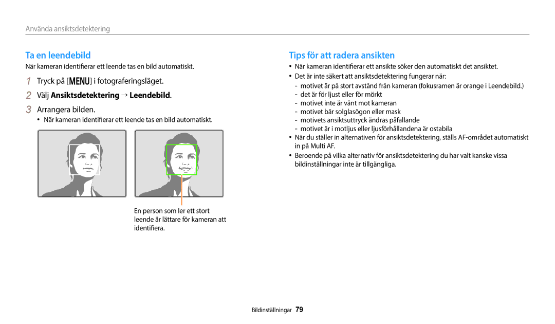 Samsung EC-WB350FBPWE2 manual Ta en leendebild, Tips för att radera ansikten, Välj Ansiktsdetektering → Leendebild 