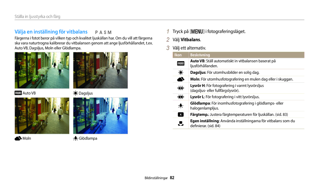 Samsung EC-WB350FBPNE2, EC-WB350FBPWE2, EC-WB50FZBPBE2 manual Välja en inställning för vitbalans p a h M, Välj Vitbalans 