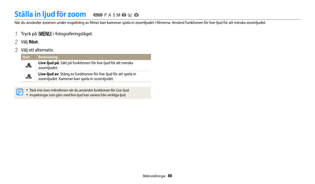 Samsung EC-WB50FZBPRE2 manual Ställa in ljud för zoom T p a h M s i g, Zoomljudet. Kameran kan spela in zoomljudet 