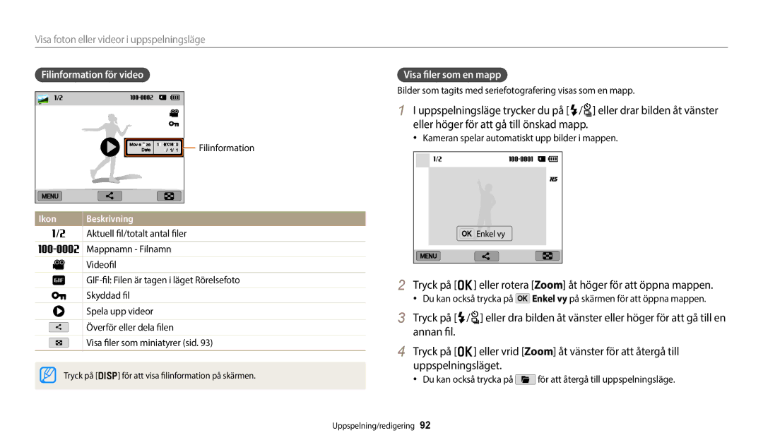 Samsung EC-WB350FBPNE2 manual Tryck på o eller rotera Zoom åt höger för att öppna mappen, Filinformation för video 