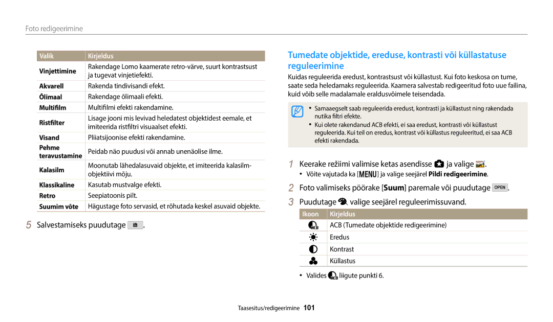 Samsung EC-WB350FBPNE2 Imiteerida ristfiltri visuaalset efekti, Objektiivi mõju, ACB Tumedate objektide redigeerimine 