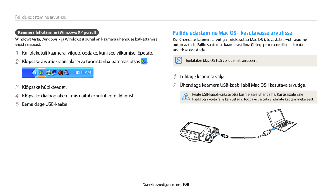 Samsung EC-WB50FZBPRE2 manual Failide edastamine Mac OS-i kasutavasse arvutisse, Kaamera lahutamine Windows XP puhul 