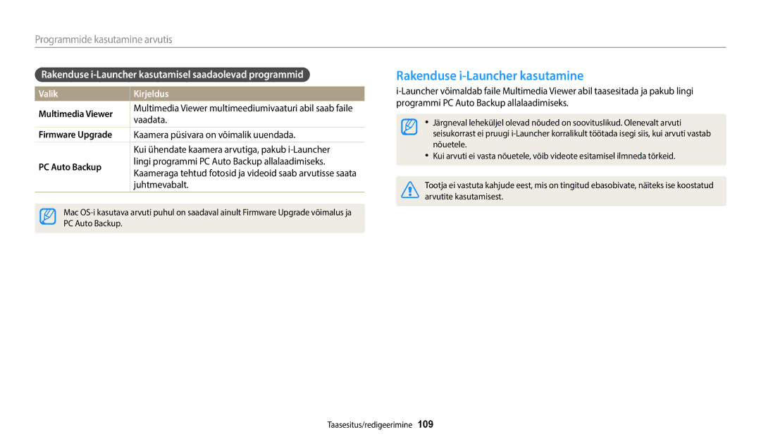 Samsung EC-WB350FBPRE2 manual Rakenduse i-Launcher kasutamine, Rakenduse i-Launcher kasutamisel saadaolevad programmid 