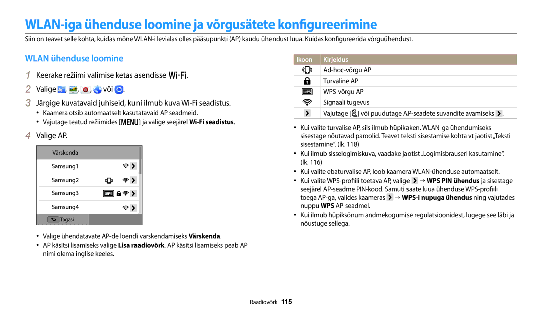 Samsung EC-WB50FZBPRE2 manual WLAN-iga ühenduse loomine ja võrgusätete konfigureerimine, Wlan ühenduse loomine, Valige AP 