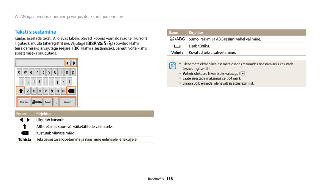 Samsung EC-WB350FBPRE2 manual Teksti sisestamine, Sümolirežiimi ja ABC-režiimi vahel valimine, Lisab tühiku, Valmis 