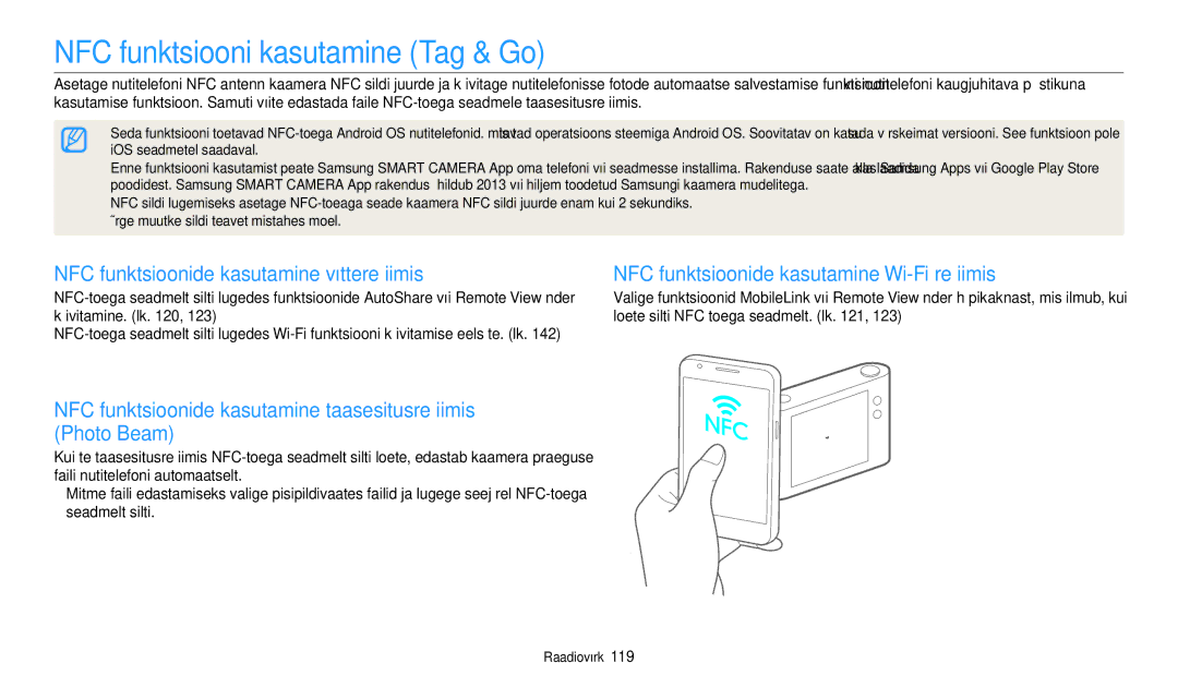 Samsung EC-WB350FBPNE2, EC-WB350FBPWE2 NFC funktsiooni kasutamine Tag & Go, NFC funktsioonide kasutamine võtterežiimis 