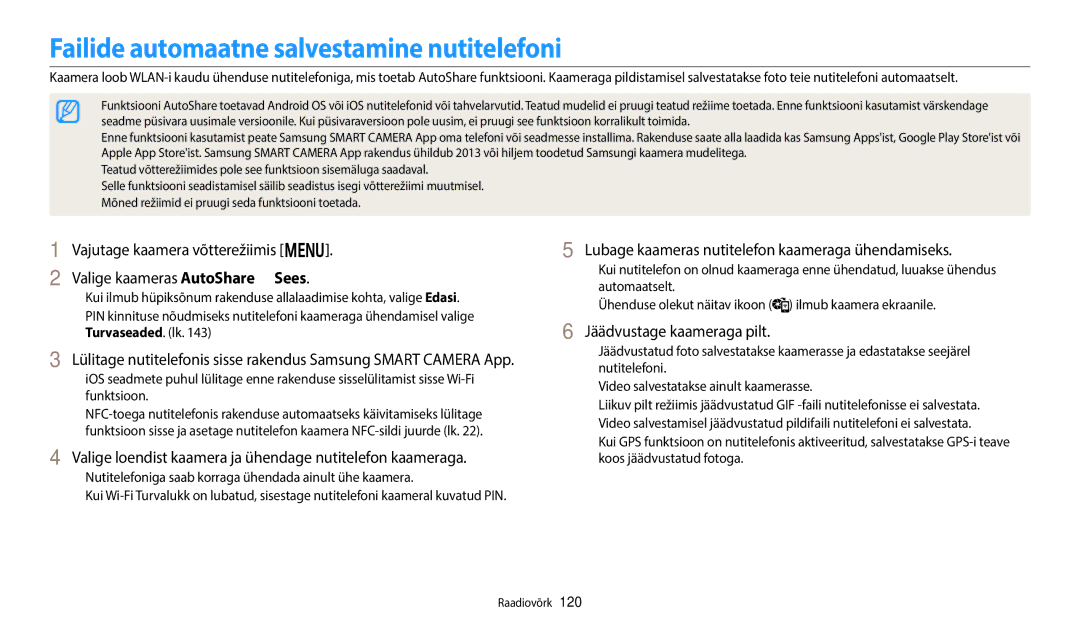 Samsung EC-WB352FBDWE2 Failide automaatne salvestamine nutitelefoni, Lubage kaameras nutitelefon kaameraga ühendamiseks 