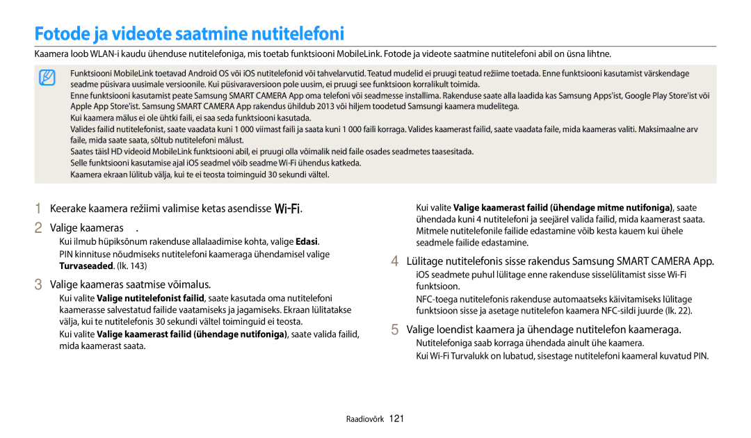 Samsung EC-WB350FBPBE2, EC-WB350FBPWE2 manual Fotode ja videote saatmine nutitelefoni, Valige kaameras saatmise võimalus 