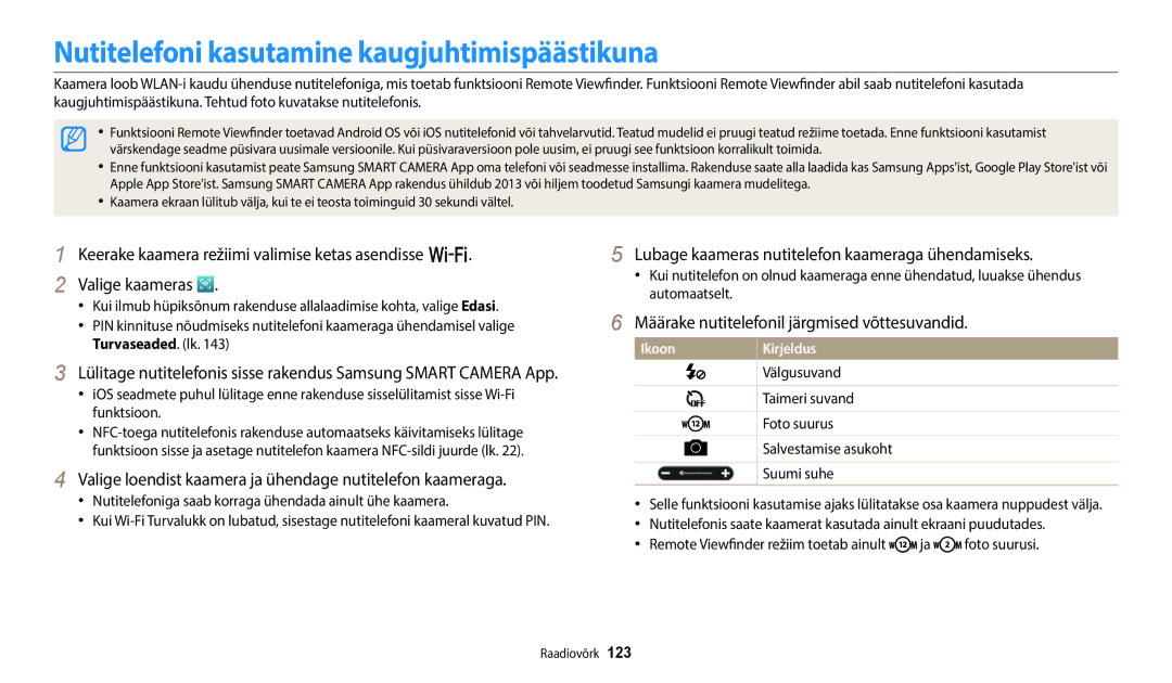 Samsung EC-WB352FBDBE2 manual Nutitelefoni kasutamine kaugjuhtimispäästikuna, Määrake nutitelefonil järgmised võttesuvandid 