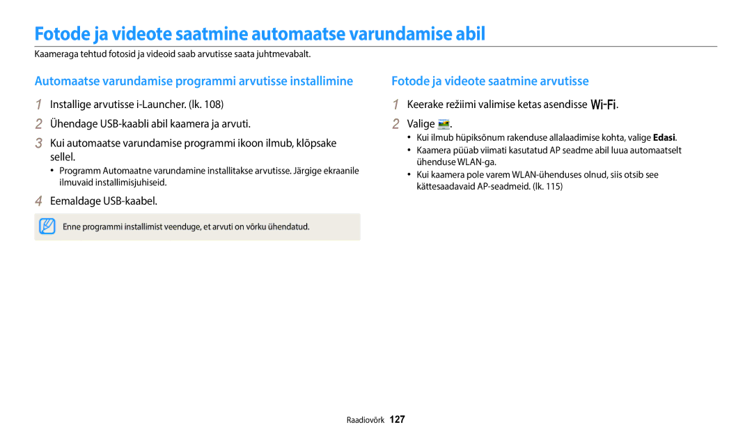 Samsung EC-WB350FBPRE2 manual Fotode ja videote saatmine automaatse varundamise abil, Fotode ja videote saatmine arvutisse 