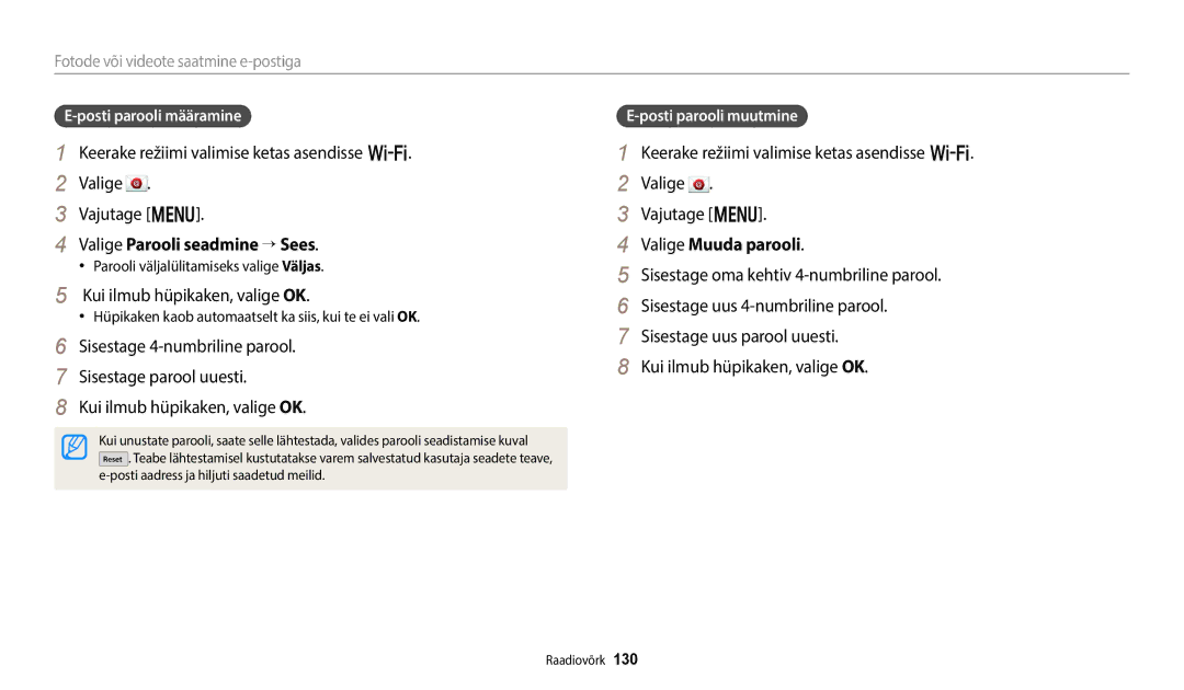 Samsung EC-WB350FBPBE2 manual Valige Parooli seadmine → Sees, Kui ilmub hüpikaken, valige OK, Valige Muuda parooli 