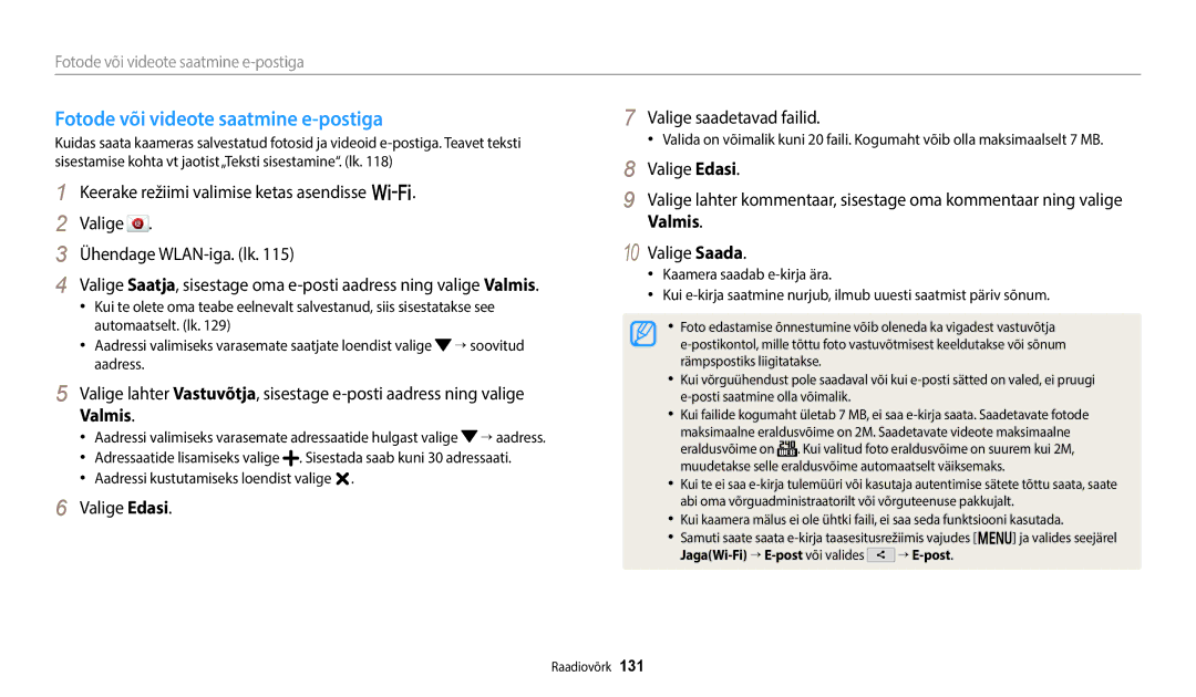 Samsung EC-WB50FZBPWE2, EC-WB350FBPWE2 manual Fotode või videote saatmine e-postiga, Valige Edasi Valige saadetavad failid 