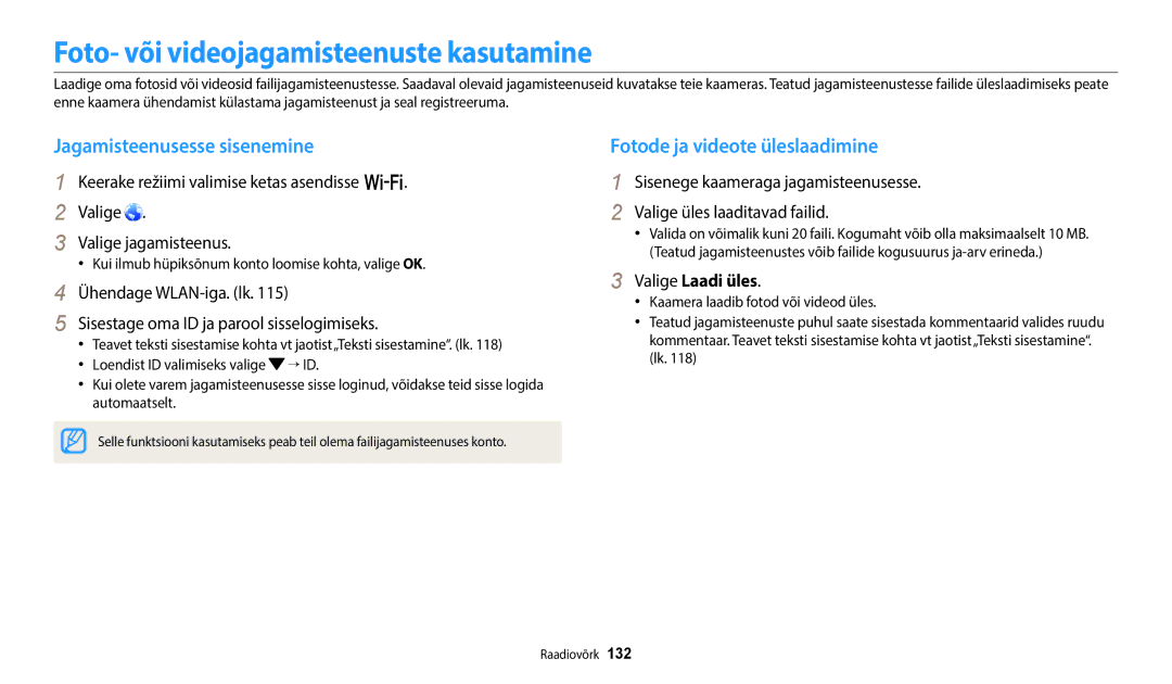 Samsung EC-WB352FBDBE2 manual Foto- või videojagamisteenuste kasutamine, Jagamisteenusesse sisenemine, Valige Laadi üles 