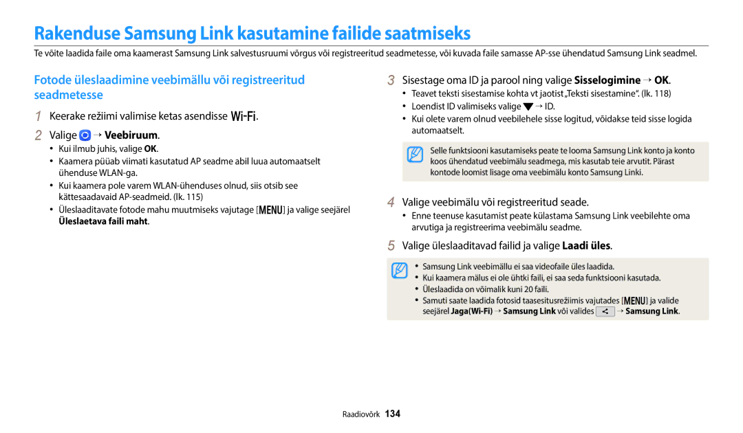 Samsung EC-WB350FBPWE2 Rakenduse Samsung Link kasutamine failide saatmiseks, Valige veebimälu või registreeritud seade 