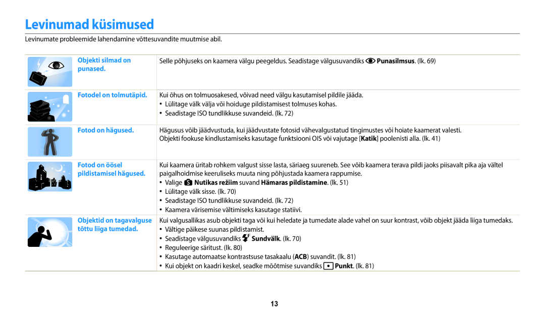 Samsung EC-WB350FBPBE2 manual Levinumad küsimused, Punasilmsus. lk, Valige s Nutikas režiim suvand Hämaras pildistamine. lk 