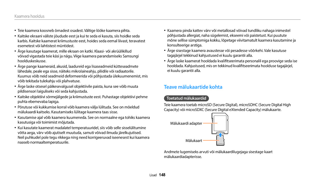 Samsung EC-WB350FBPBE2, EC-WB350FBPWE2, EC-WB50FZBPBE2, EC-WB350FBPRE2 manual Teave mälukaartide kohta, Toetatud mälukaardid 