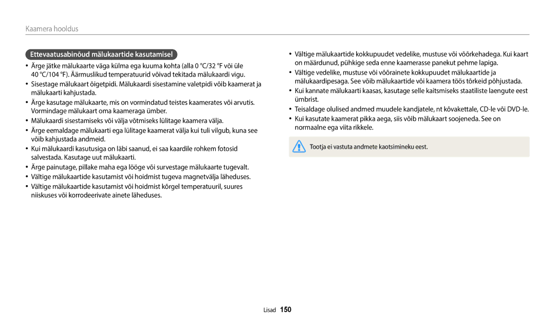 Samsung EC-WB352FBDBE2, EC-WB350FBPWE2, EC-WB50FZBPBE2, EC-WB350FBPRE2 manual Ettevaatusabinõud mälukaartide kasutamisel 