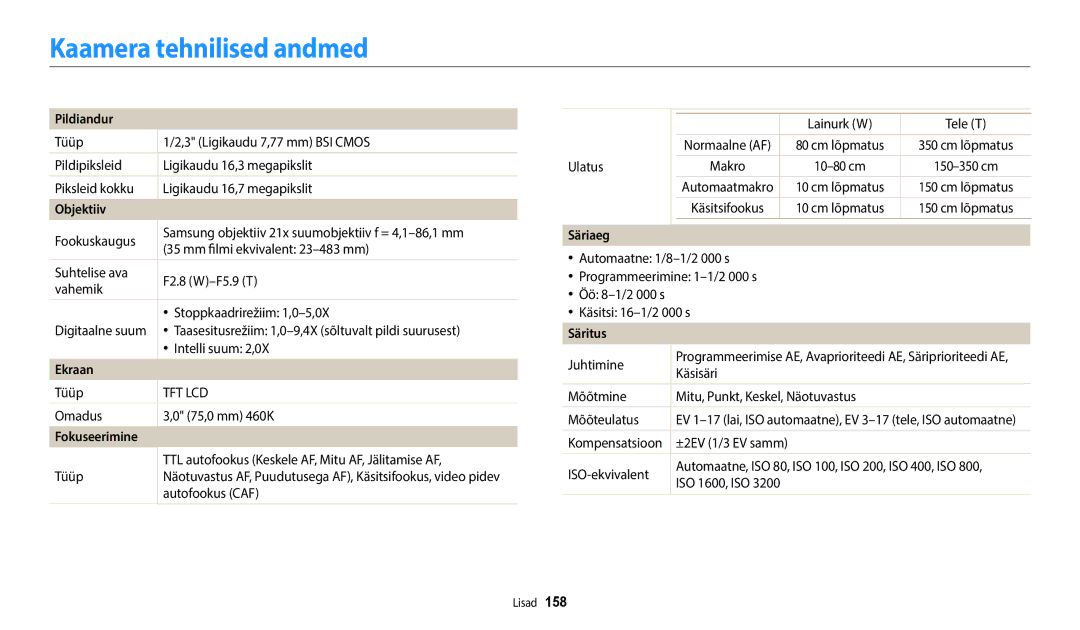 Samsung EC-WB50FZBPWE2, EC-WB350FBPWE2, EC-WB50FZBPBE2, EC-WB350FBPRE2, EC-WB350FBPNE2 manual Kaamera tehnilised andmed 