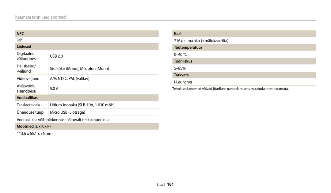 Samsung EC-WB350FBPWE2 manual Liidesed, Vooluallikas, Mõõtmed L x K x P, Kaal, Töötemperatuur, Tööniiskus, Tarkvara 