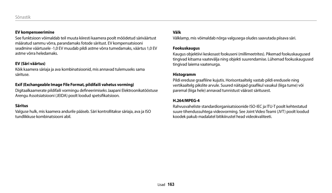 Samsung EC-WB350FBPRE2, EC-WB350FBPWE2 manual EV kompenseerimine, EV Säri väärtus, Fookuskaugus, Histogramm, 264/MPEG-4 