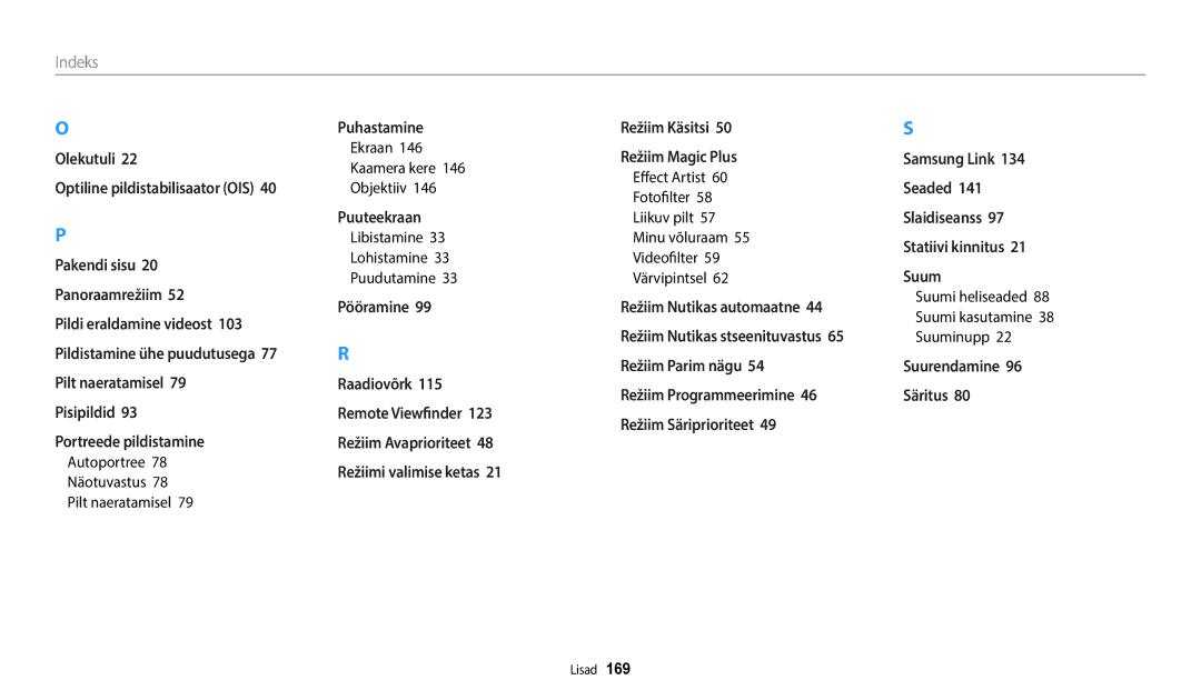 Samsung EC-WB50FZBPRE2, EC-WB350FBPWE2 manual Autoportree Näotuvastus Pilt naeratamisel, Ekraan Kaamera kere Objektiiv 