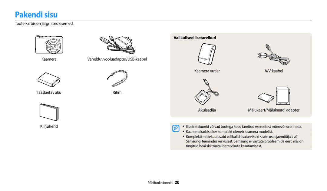 Samsung EC-WB350FBPNE2, EC-WB350FBPWE2 manual Pakendi sisu, Kiirjuhend, Valikulised lisatarvikud, Kaamera vutlar, Akulaadija 