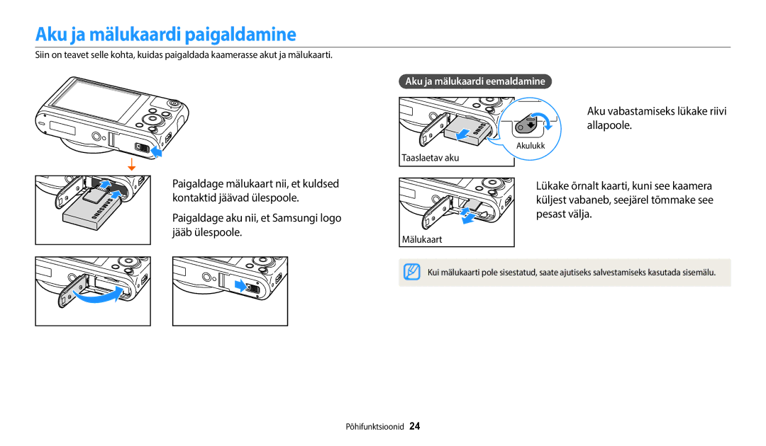 Samsung EC-WB352FBDBE2, EC-WB350FBPWE2 manual Aku ja mälukaardi paigaldamine, Aku vabastamiseks lükake riivi allapoole 