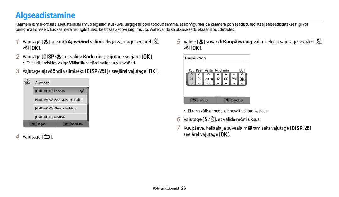 Samsung EC-WB350FBPWE2, EC-WB50FZBPBE2 manual Algseadistamine, Vajutage ajavööndi valimiseks D/c ja seejärel vajutage o 