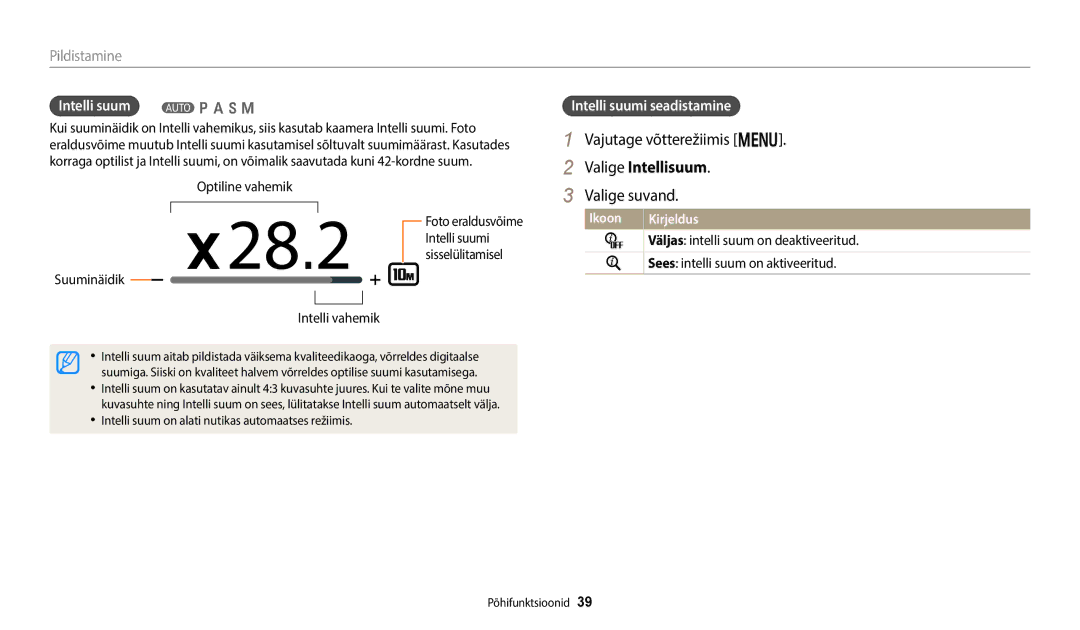 Samsung EC-WB352FBDWE2 Vajutage võtterežiimis m, Valige Intellisuum, Intelli suum T p a h M, Intelli suumi seadistamine 