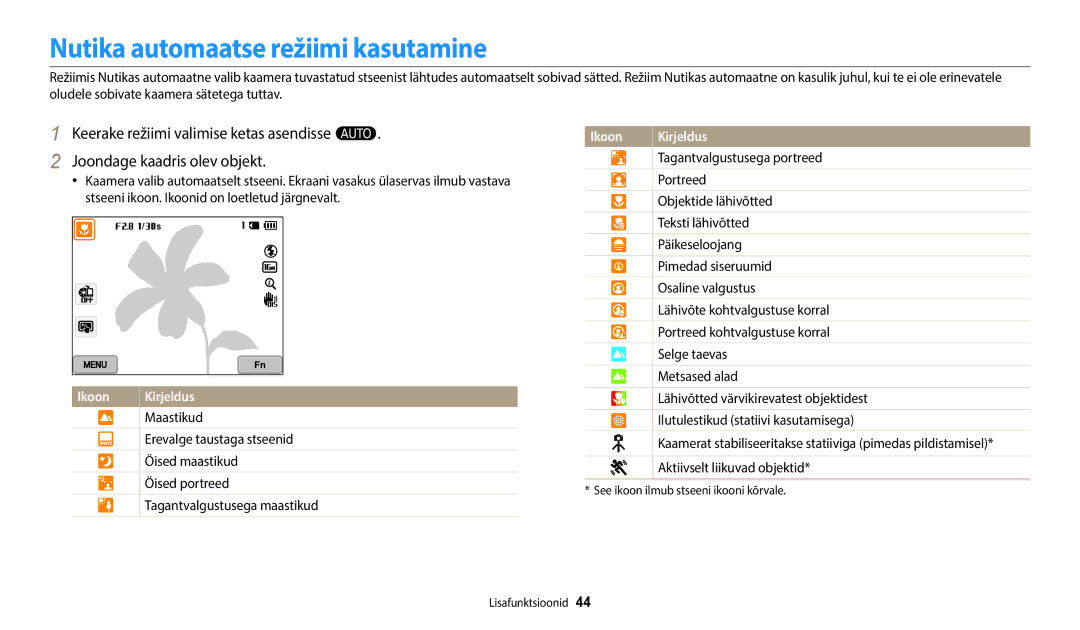 Samsung EC-WB350FBPWE2, EC-WB50FZBPBE2, EC-WB350FBPRE2, EC-WB350FBPNE2, EC-WB352FBDWE2 Nutika automaatse režiimi kasutamine 