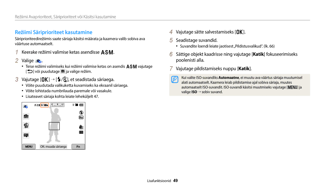 Samsung EC-WB350FBPBE2, EC-WB350FBPWE2 manual Režiimi Säriprioriteet kasutamine, Vajutage o → F/t, et seadistada säriaega 