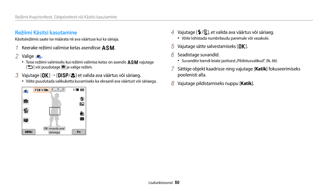 Samsung EC-WB50FZBPWE2, EC-WB350FBPWE2 manual Režiimi Käsitsi kasutamine, Vajutage o → D/c et valida ava väärtus või säriaeg 