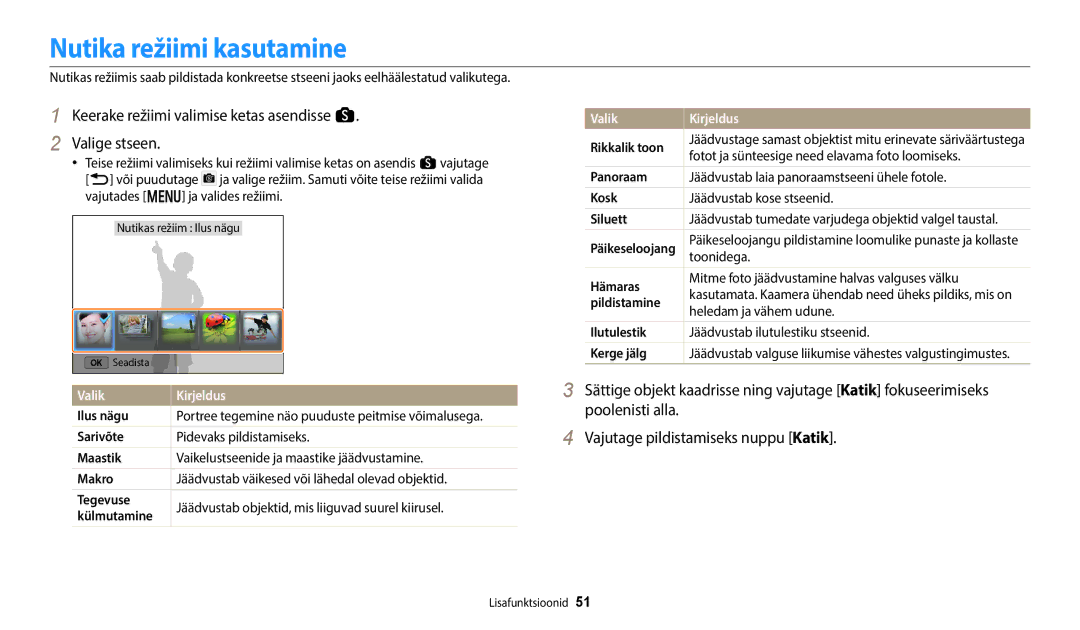 Samsung EC-WB352FBDBE2, EC-WB350FBPWE2 Nutika režiimi kasutamine, Keerake režiimi valimise ketas asendisse s Valige stseen 