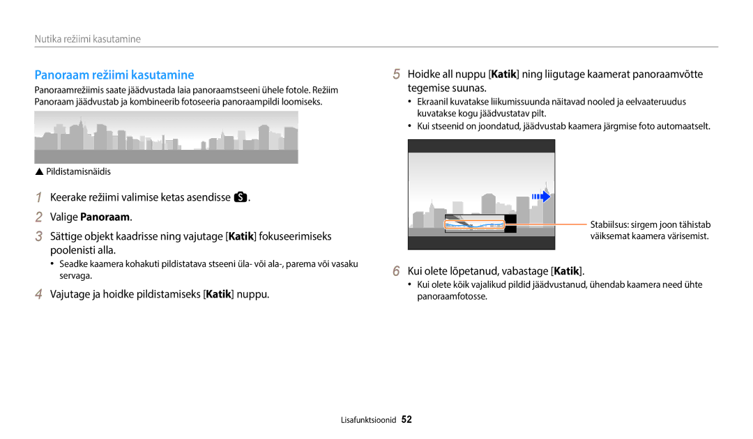 Samsung EC-WB50FZBPRE2 manual Panoraam režiimi kasutamine, Kui olete lõpetanud, vabastage Katik, Pildistamisnäidis 