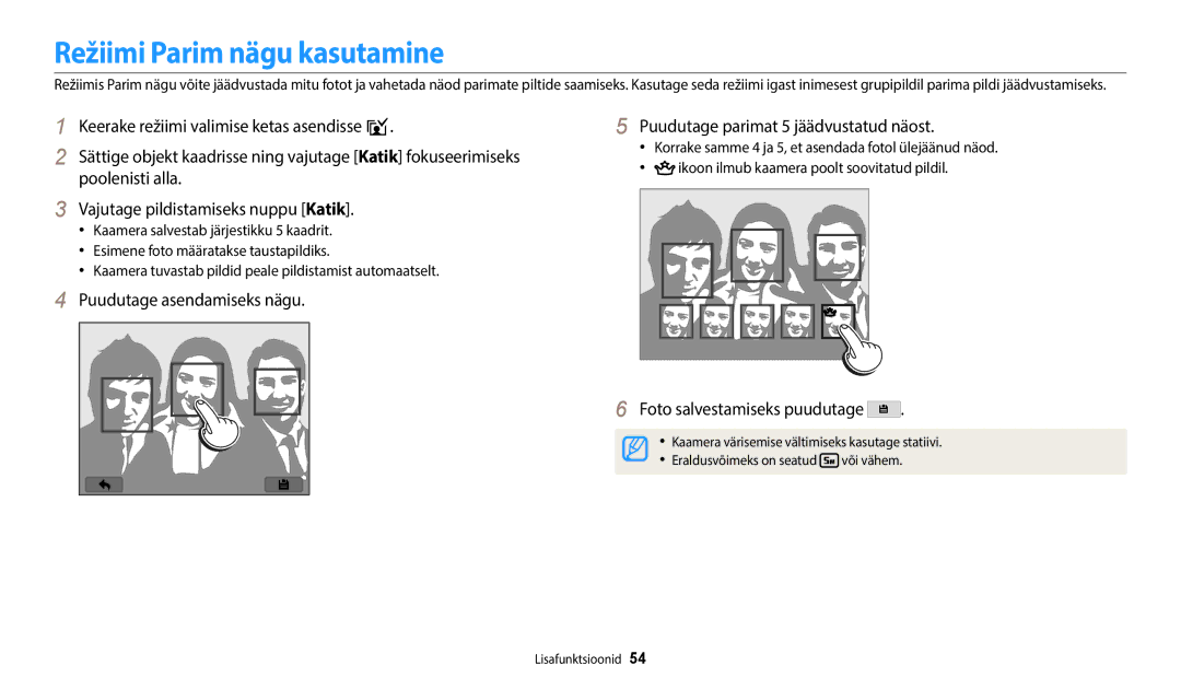 Samsung EC-WB50FZBPBE2, EC-WB350FBPWE2, EC-WB350FBPRE2 manual Režiimi Parim nägu kasutamine, Foto salvestamiseks puudutage 