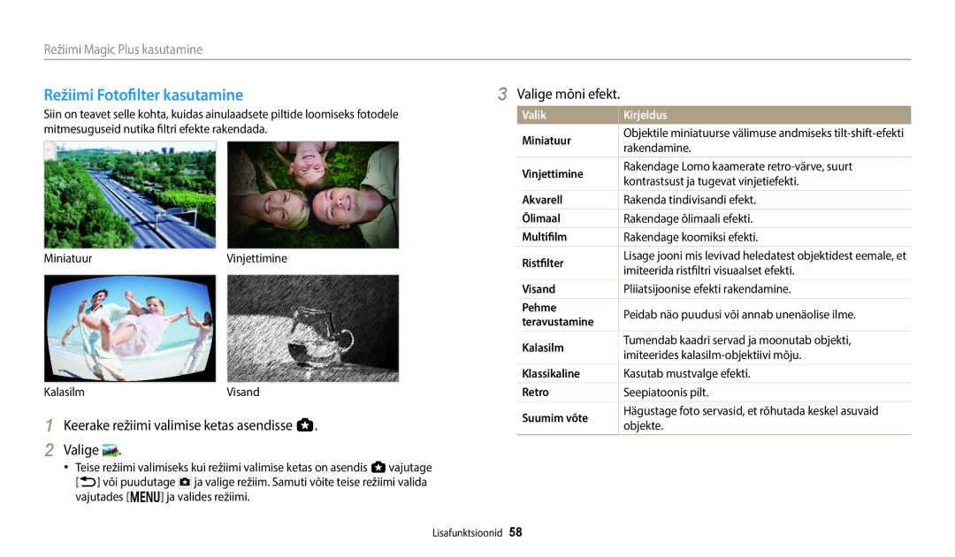 Samsung EC-WB350FBPBE2, EC-WB350FBPWE2, EC-WB50FZBPBE2, EC-WB350FBPRE2 manual Režiimi Fotofilter kasutamine, Valige mõni efekt 