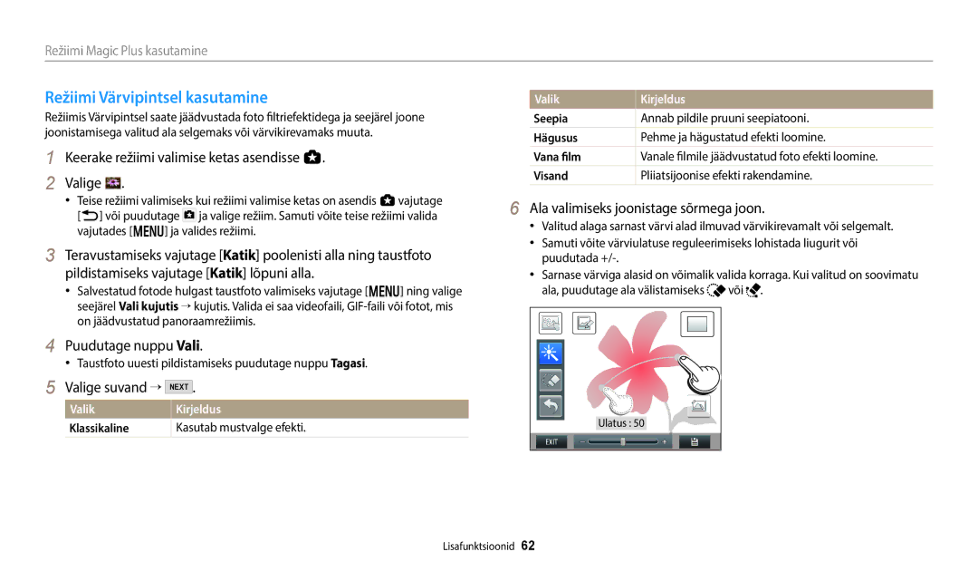 Samsung EC-WB350FBPWE2 manual Režiimi Värvipintsel kasutamine, Valige suvand →, Ala valimiseks joonistage sõrmega joon 