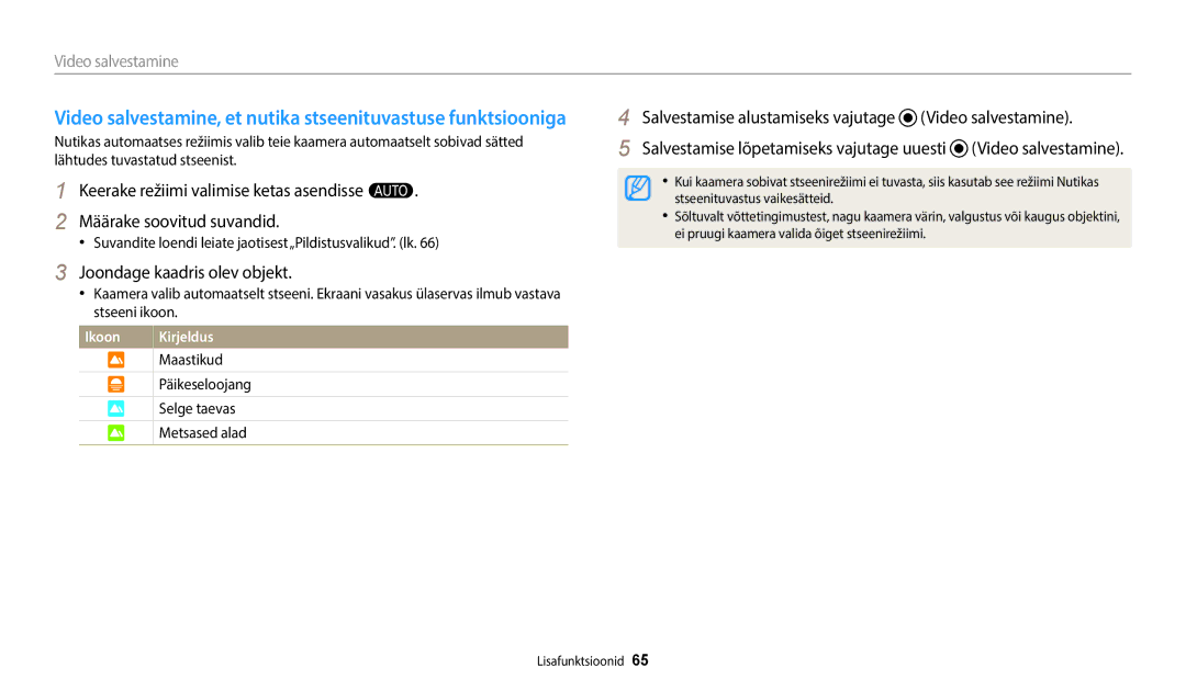 Samsung EC-WB350FBPNE2, EC-WB350FBPWE2, EC-WB50FZBPBE2 manual Video salvestamine, et nutika stseenituvastuse funktsiooniga 