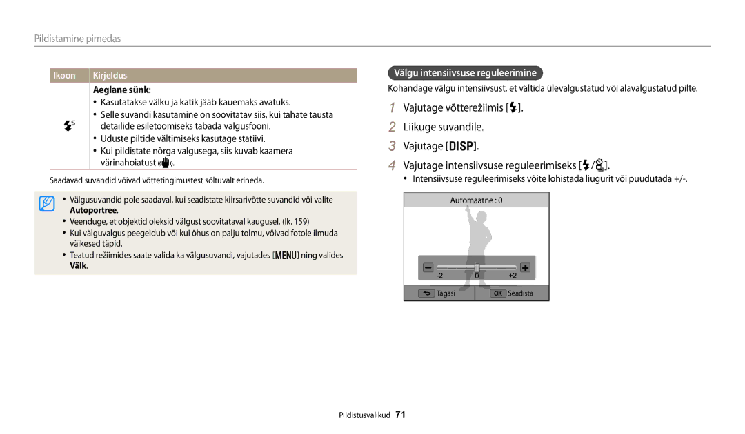 Samsung EC-WB350FBPWE2, EC-WB50FZBPBE2, EC-WB350FBPRE2, EC-WB350FBPNE2 manual Välgu intensiivsuse reguleerimine, Aeglane sünk 