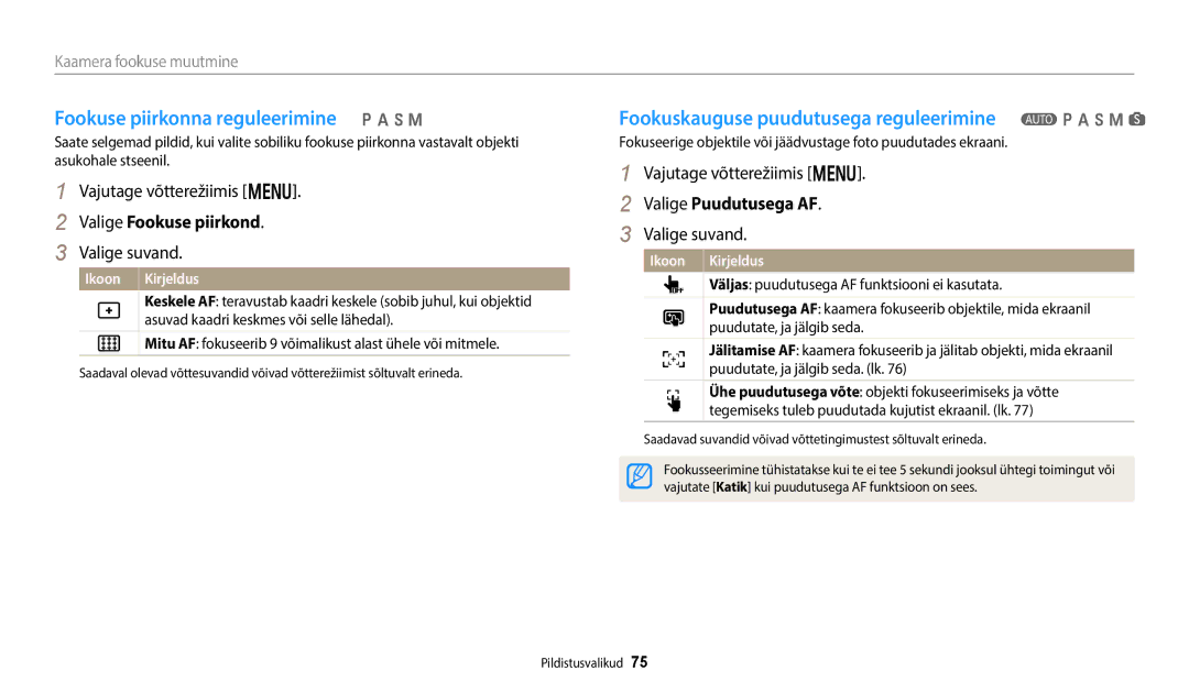 Samsung EC-WB352FBDWE2 manual Fookuse piirkonna reguleerimine p a h M, Fookuskauguse puudutusega reguleerimine T p a h M s 