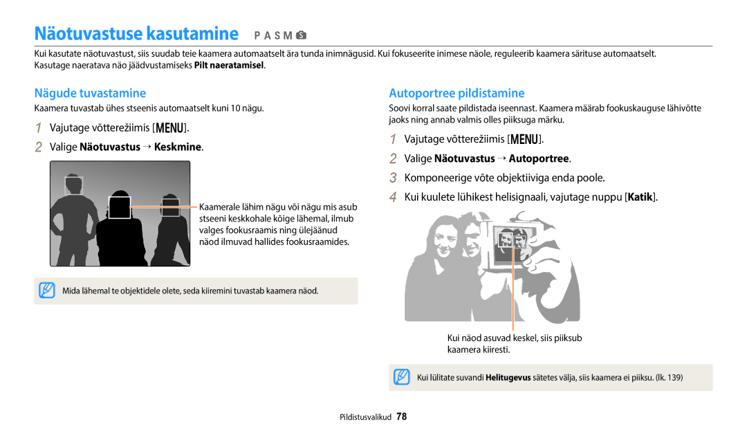 Samsung EC-WB352FBDBE2, EC-WB350FBPWE2 Näotuvastuse kasutamine p a h M s, Nägude tuvastamine, Autoportree pildistamine 