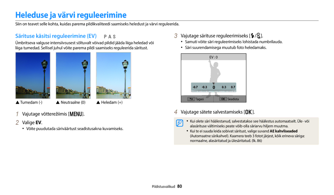 Samsung EC-WB350FBPWE2, EC-WB50FZBPBE2 manual Heleduse ja värvi reguleerimine, Särituse käsitsi reguleerimine EV p a h 