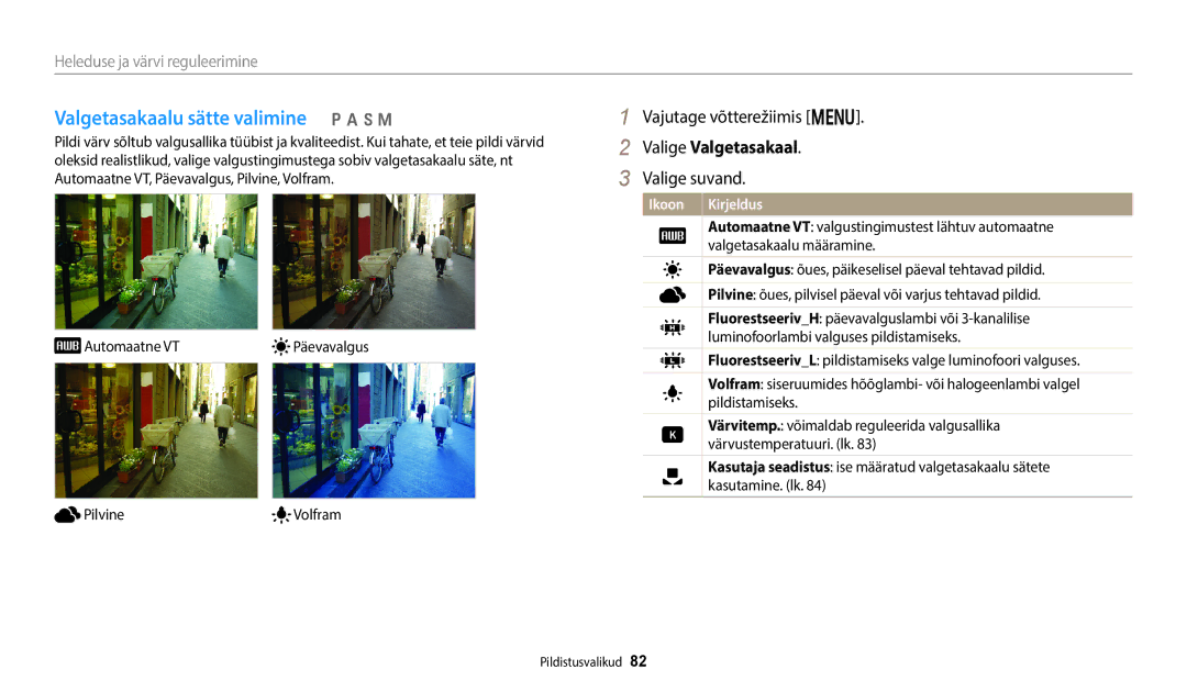 Samsung EC-WB350FBPRE2, EC-WB350FBPWE2, EC-WB50FZBPBE2 manual Valgetasakaalu sätte valimine p a h M, Valige Valgetasakaal 