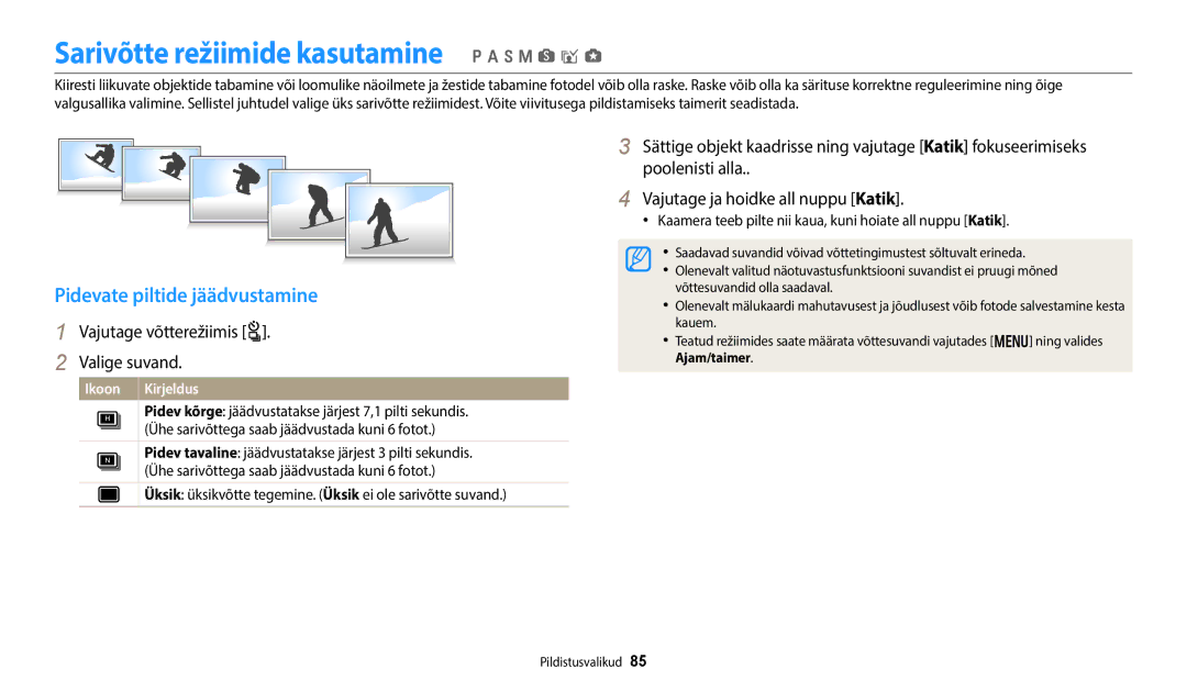 Samsung EC-WB350FBPBE2, EC-WB350FBPWE2 manual Sarivõtte režiimide kasutamine p a h M s i g, Pidevate piltide jäädvustamine 