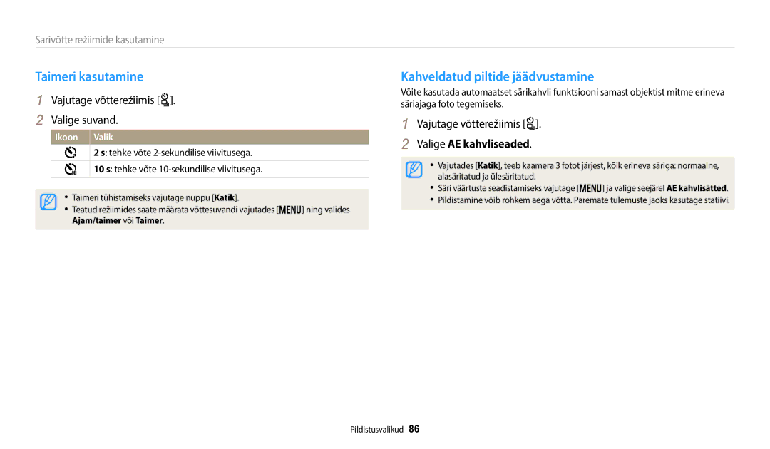 Samsung EC-WB50FZBPWE2, EC-WB350FBPWE2 Taimeri kasutamine, Kahveldatud piltide jäädvustamine, Vajutage võtterežiimis t 