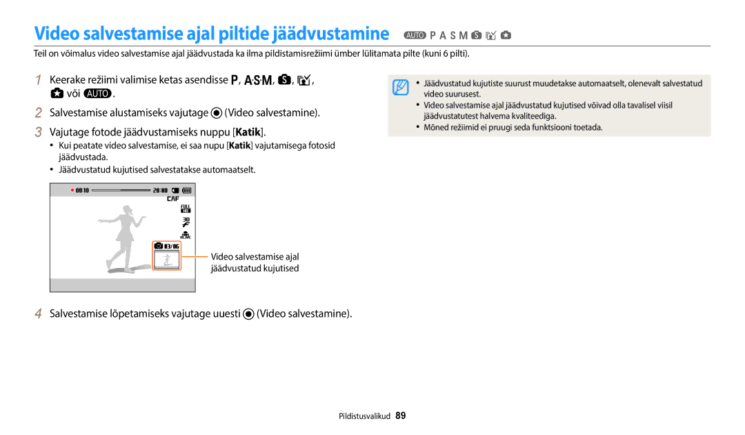 Samsung EC-WB350FBPWE2, EC-WB50FZBPBE2, EC-WB350FBPRE2 manual Salvestamise lõpetamiseks vajutage uuesti Video salvestamine 