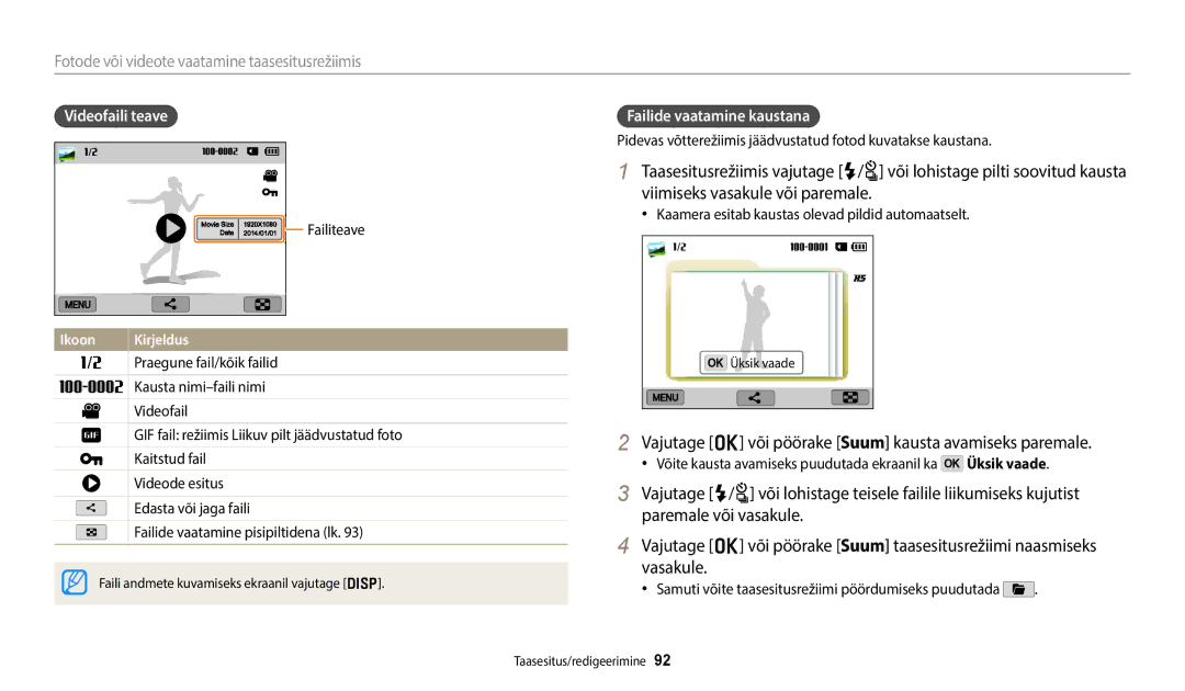 Samsung EC-WB350FBPNE2 Vajutage o või pöörake Suum kausta avamiseks paremale, Videofaili teave, Failide vaatamine kaustana 