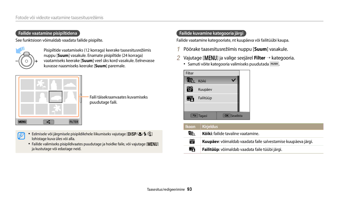 Samsung EC-WB352FBDWE2, EC-WB350FBPWE2, EC-WB50FZBPBE2 Failide vaatamine pisipiltidena, Failide kuvamine kategooria järgi 