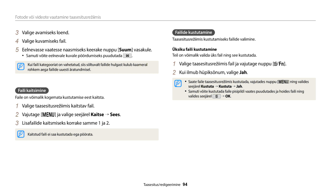 Samsung EC-WB350FBPBE2 manual Valige avamiseks loend Valige kuvamiseks fail, Faili kaitsimine, Failide kustutamine 